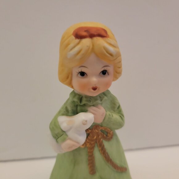 Vintage Jasco Ceramic Girl Figurine Bell Holding  Rabbit - Picture 2 of 5